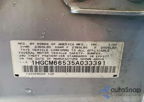 2005 Honda Accord Ex from USA, damaged, VIN 1HGCM66535A033391